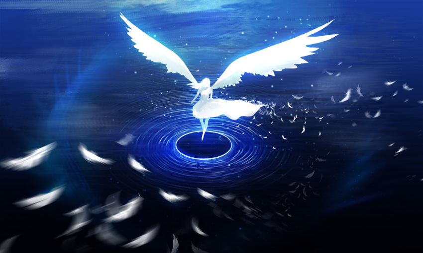 1girl angel_wings artist_request dress feathers floating glowing long_hair ocean original solo solo_focus source_request water wings