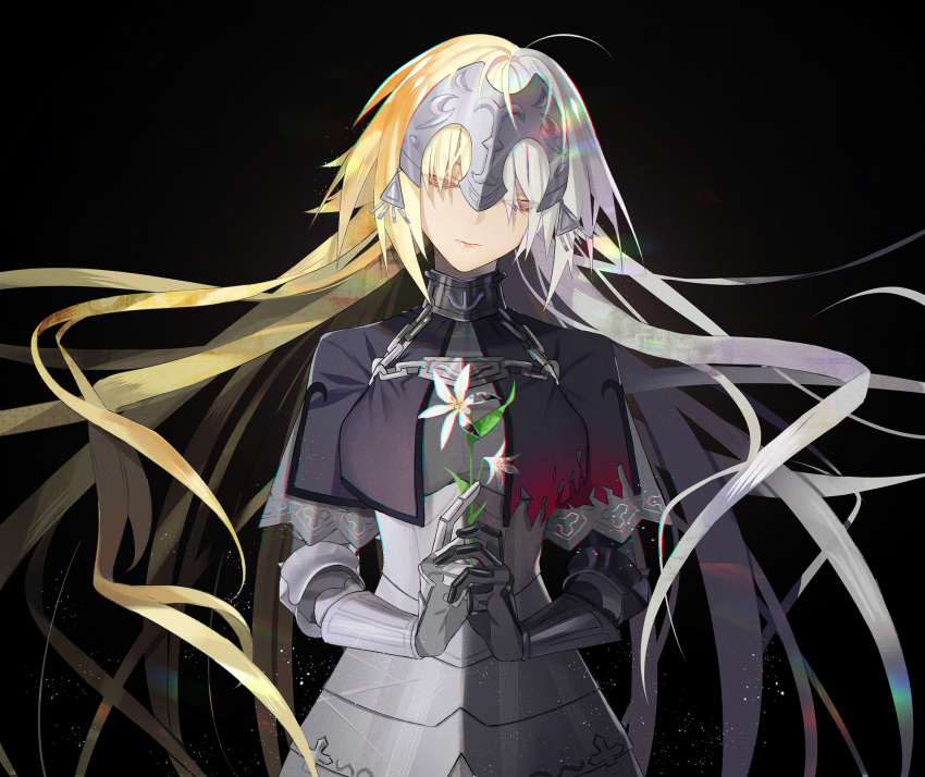 1girl antenna_hair armor armored_dress bangs black_background blonde_hair breasts capelet chains closed_eyes closed_mouth commentary corruption dark_persona english_commentary facing_viewer fate/grand_order fate_(series) flower gauntlets grey_hair head_tilt headpiece highres holding holding_flower jeanne_d'arc_(alter)_(fate) jeanne_d'arc_(fate) jeanne_d'arc_(fate)_(all) light_brown_hair long_hair medium_breasts multicolored_hair paranoia_www pink_lips purple_capelet simple_background split_theme two-tone_hair underbust very_long_hair