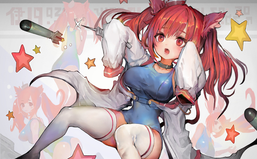 1girl animal_ears azur_lane bangs black_choker blue_swimsuit breasts cat_ears choker eyebrows_visible_through_hair fang i-19_(azur_lane) long_hair long_sleeves medium_breasts one-piece_swimsuit open_mouth outstretched_arms red_eyes redhead school_swimsuit sleeves_past_fingers sleeves_past_wrists solo star swimsuit teeth thigh-highs thighs torpedo twintails voruvoru white_legwear