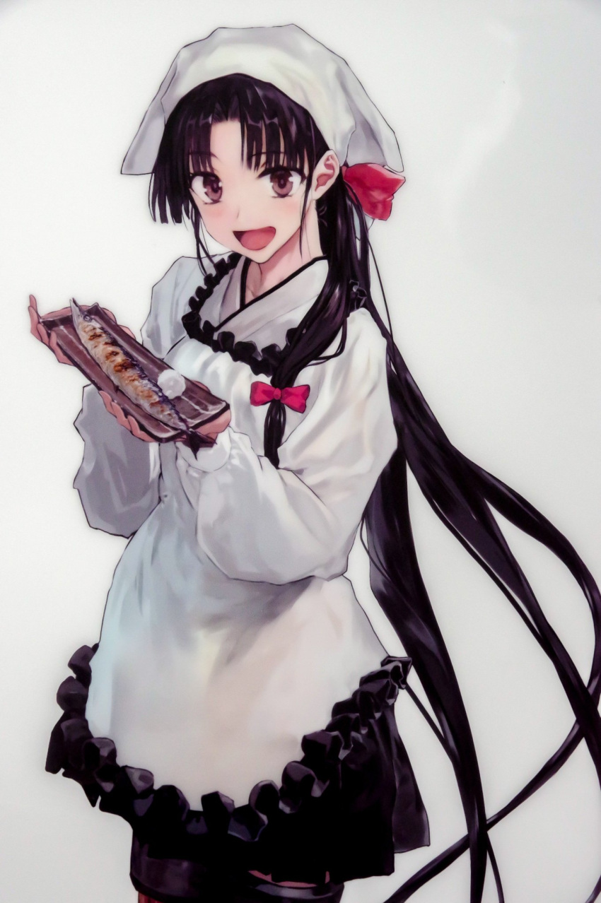 1girl alternate_costume alternate_hairstyle apron bandanna black_hair bob_(biyonbiyon) brown_eyes fish food hair_ribbon highres kantai_collection long_hair long_sleeves official_art ribbon saury scan scan_artifacts shouhou_(kantai_collection) tied_hair