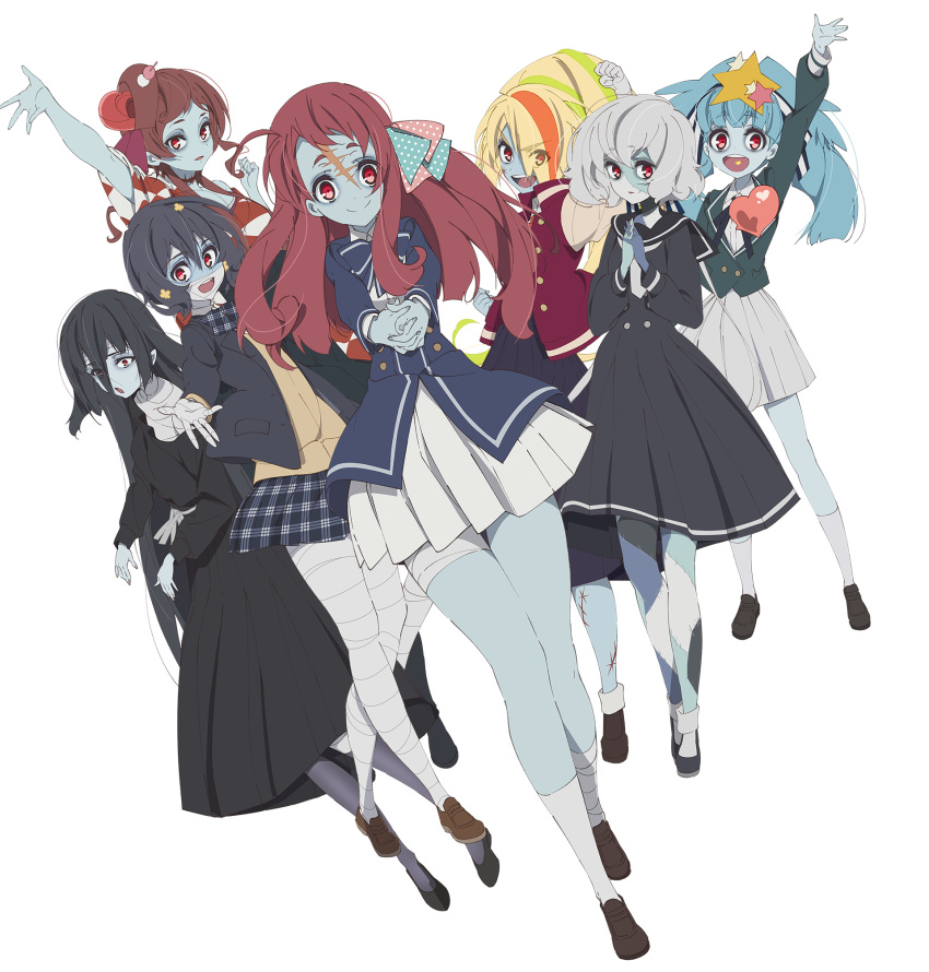 6+girls ahoge black_hair blonde_hair blue_eyes blue_hair brown_eyes brown_hair eyebrows_visible_through_hair eyes_visible_through_hair flower grey_eyes hair_flower hair_ornament hair_over_one_eye hair_ribbon highres hoshikawa_lily konno_junko long_hair minamoto_sakura mizuno_ai multicolored_hair multiple_girls nikaido_saki official_art orange_eyes red_eyes ribbon romero_(zombieland_saga) short_eyebrows short_hair silver_hair tied_hair transparent_background two-tone_hair yamada_tae yuugiri_(zombieland_saga) zombie zombieland_saga