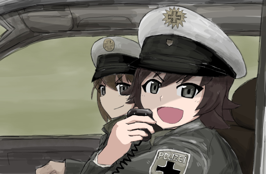 2girls alternate_costume black_eyes black_jacket brown_hair closed_mouth commentary driving eyebrows_visible_through_hair german geshiko_(girls_und_panzer) girls_und_panzer hat holding jacket looking_at_viewer mauko_(girls_und_panzer) miraruto_(h3yja) multiple_girls open_mouth peaked_cap police police_hat policewoman radio short_hair smirk v-shaped_eyebrows vehicle_interior white_hat