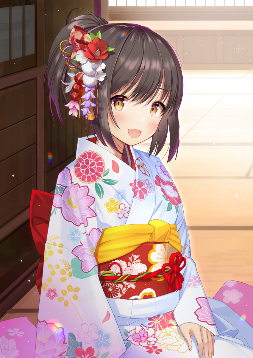 1girl :d atori bangs blush bow brown_eyes brown_hair commentary_request day eyebrows_visible_through_hair fingernails floral_print flower hair_between_eyes hair_bow hair_flower hair_ornament head_tilt high_ponytail highres idolmaster idolmaster_cinderella_girls japanese_clothes kimono long_sleeves looking_at_viewer obi open_mouth outdoors ponytail print_bow print_kimono red_bow red_flower sash sleeves_past_wrists smile solo takafuji_kako white_flower white_kimono wide_sleeves