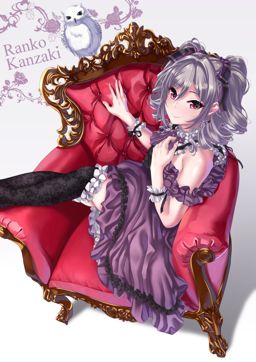 1girl arm_garter armchair bare_shoulders bird black_ribbon chair character_name collar commentary_request dress drill_hair eyebrows_visible_through_hair feet_out_of_frame floral_print frilled_collar frilled_dress frilled_legwear frills gradient gradient_background hair_ribbon hand_on_own_chest highres idolmaster idolmaster_cinderella_girls kanzaki_ranko lolita_fashion long_hair looking_at_viewer owl photo-referenced purple_dress red_eyes ribbon rose_print silver_hair simple_background sitting sleeveless sleeveless_dress smile snowy_owl solo tdnd-96 thigh-highs twin_drills twintails
