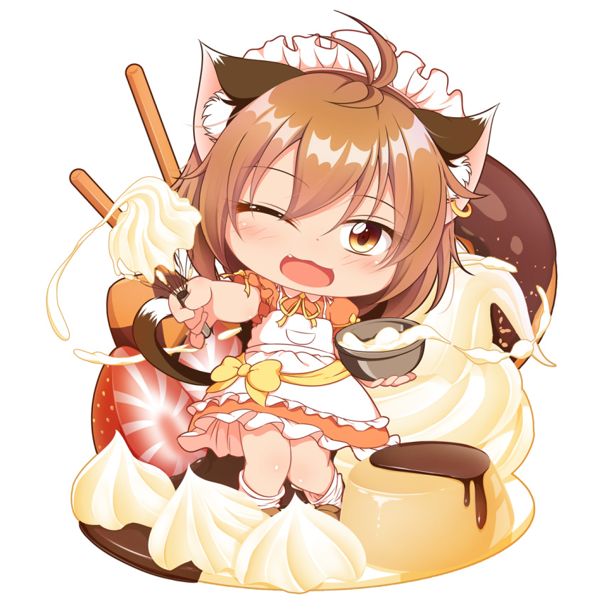 1girl ;3 ;d ahoge alternate_costume animal_ears apron blush bowl brown_eyes brown_footwear brown_hair cat_ears cat_tail checkerboard_cookie chen chibi commentary_request cookie doughnut enmaided eyebrows_visible_through_hair fang food frilled_apron frilled_skirt frills fruit hair_between_eyes head_tilt highres holding holding_bowl icing jewelry knees_together_feet_apart kurumai looking_at_viewer maid maid_apron maid_headdress multiple_tails one_eye_closed open_mouth orange_shirt orange_skirt outstretched_arm pocky pudding puffy_short_sleeves puffy_sleeves ribbon shirt short_hair short_sleeves simple_background single_earring skirt smile solo standing strawberry tail touhou whisk white_background white_legwear yellow_neckwear yellow_ribbon
