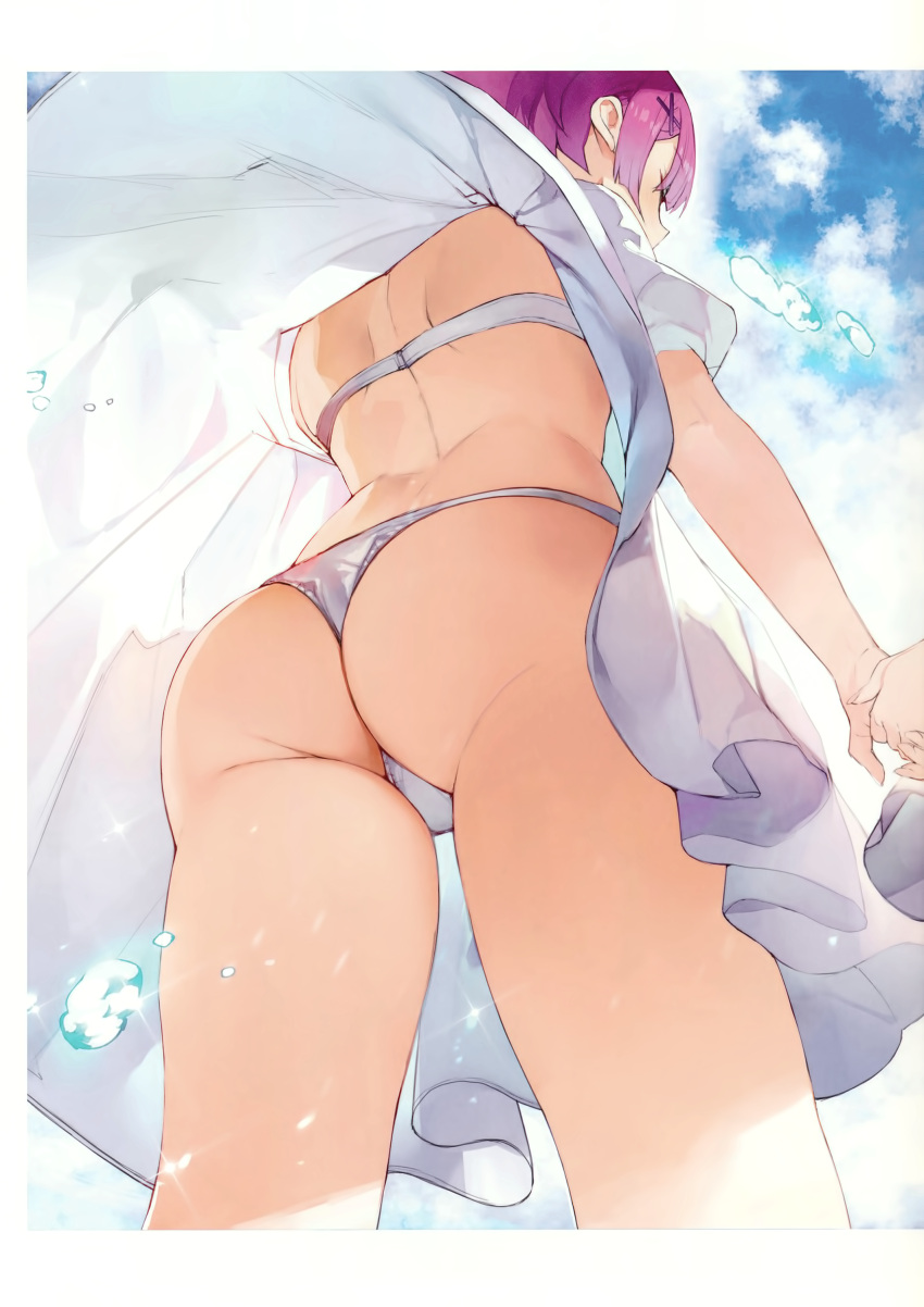 1girl absurdres ass_visible_through_thighs back bangs blue_skirt bra clouds cloudy_sky day dress droplet from_behind from_below hair_ornament hairclip hand_holding highres matsui_hiroaki outdoors panties ram_(re:zero) re:zero_kara_hajimeru_isekai_seikatsu redhead short_dress short_hair short_sleeves skirt sky solo sparkle standing thighs underwear upskirt white_bra white_dress white_panties