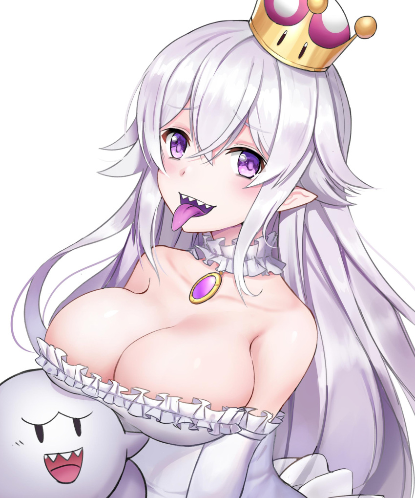 1girl absurdres boo breasts cleavage collar crown dress frilled_collar frilled_dress frilled_gloves frills gloves highres large_breasts luigi's_mansion luobo_(nsnr8754) super_mario_bros. new_super_mario_bros._u_deluxe nintendo pale_skin pointy_ears princess_king_boo purple_tongue sharp_teeth super_crown super_mario_bros. teeth tilted_headwear tongue tongue_out violet_eyes white_dress white_gloves white_hair