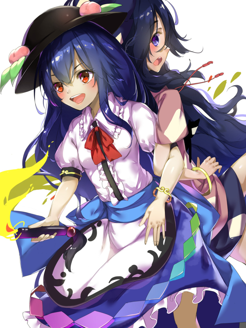 2girls :d back-to-back bangle blue_eyes blue_hair blue_skirt bracelet breasts commentary_request cowboy_shot drawstring dress eyebrows_visible_through_hair food frilled_shirt_collar frills fruit hair_between_eyes hat highres hinanawi_tenshi jewelry layered_dress leaf lifting_person locked_arms long_hair looking_back looking_to_the_side multiple_girls open_mouth peach petticoat pink_hoodie piyodesu puffy_short_sleeves puffy_sleeves red_eyes red_neckwear red_ribbon ribbon short_sleeves sideways_mouth simple_background skirt small_breasts smile stuffed_animal stuffed_cat stuffed_toy sword_of_hisou touhou very_long_hair white_background yorigami_shion