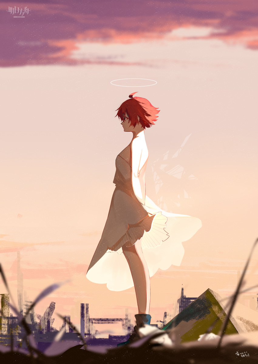 1girl absurdres angel angel_wings arknights arms_behind_back city clouds damococo dress evening exusiai_(arknights) halo highres looking_ahead red_eyes redhead short_hair sky solo standing white_dress wings