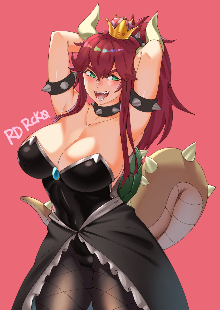 1girl absurdres armpits arms_behind_head arms_up black_leotard black_skirt blush bowsette bracelet breasts brooch cleavage collar collarbone covered_navel cowboy_shot eyebrows fangs fishnet_pantyhose fishnets green_eyes hair_between_eyes highleg highleg_leotard highres horns jewelry large_breasts leotard long_ponytail looking_at_viewer new_super_mario_bros._u_deluxe nintendo open_clothes open_mouth open_skirt pantyhose radrick0 redhead reflective_eyes shiny shiny_clothes shiny_hair shiny_skin short_hair short_hair_with_long_locks sidelocks skirt smile solo spiked_bracelet spiked_collar spiked_shell spiked_tail spikes standing strapless strapless_leotard super_crown super_mario_bros. tail thighs