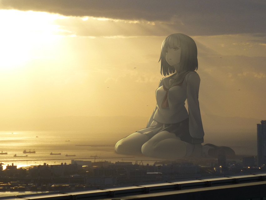 1girl blue_eyes breasts brown_hair building city clouds giantess kuro_oolong light_rays loafers looking_up medium_breasts open_mouth original outdoors pleated_skirt school_uniform serafuku ship shoes shore short_hair sitting size_difference skirt socks solo sunset wariza watercraft white_legwear