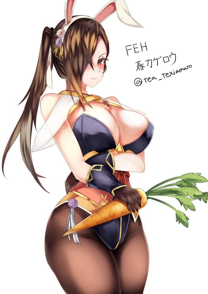 1girl absurdres alternate_costume animal_ears breasts brown_eyes brown_hair bunny_girl carrot cleavage closed_mouth fake_animal_ears fire_emblem fire_emblem_heroes fire_emblem_if gloves hair_over_one_eye highres kagerou_(fire_emblem_if) large_breasts leotard long_hair nintendo ponytail rabbit_ears simple_background solo tea_texiamato twitter_username white_background