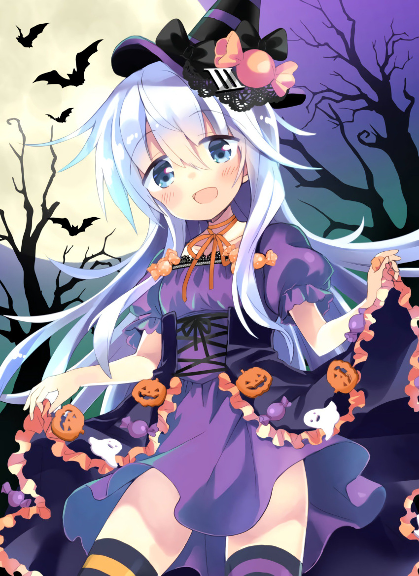 1girl alternate_costume asymmetrical_legwear bat black_cat blue_eyes cat commentary_request cowboy_shot dress dress_lift food hat hibiki_(kantai_collection) highres hizuki_yayoi jack-o'-lantern kantai_collection lifted_by_self long_hair open_mouth purple_dress silver_hair smile solo standing striped striped_legwear triangle_mouth wand witch_hat
