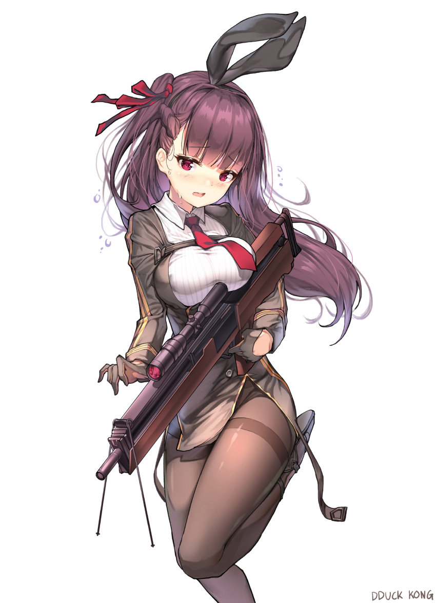 1girl bangs black_footwear black_hairband black_ribbon blush braid brown_dress brown_gloves brown_legwear bullpup commentary dress eyebrows_visible_through_hair finger_on_trigger girls_frontline gloves gun hair_ribbon hairband head_tilt highres holding holding_gun holding_weapon lee_seok_ho long_hair long_sleeves looking_at_viewer object_namesake pantyhose parted_lips purple_hair red_ribbon ribbon rifle shoes signature simple_background sniper_rifle solo standing standing_on_one_leg sweat thighband_pantyhose very_long_hair violet_eyes wa2000_(girls_frontline) walther walther_wa_2000 weapon white_background