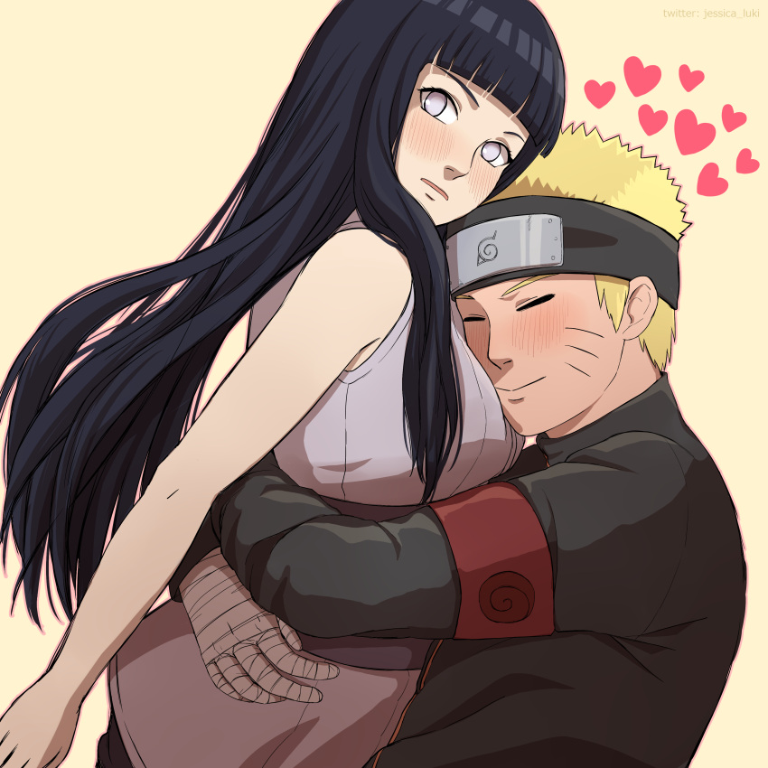 1boy 1girl absurdres bandage bandaged_arm bandages black_hair blonde_hair blush closed_eyes couple facial_hair forehead_protector headband heart hetero highres hyuuga_hinata j88818541 konohagakure_symbol lavender_eyes long_hair naruto naruto:_the_last naruto_(series) no_pupils uzumaki_naruto whisker_markings