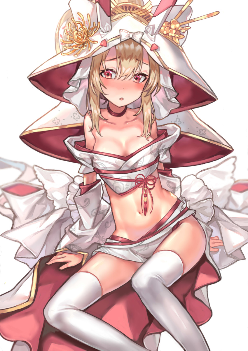 1girl absurdres ayanami_(azur_lane) azur_lane bare_shoulders blonde_hair blush breasts choker cleavage clothing_request commentary_request denchu_(kazudentyu) detached_sleeves flower_knot gold_trim highres long_sleeves looking_away medium_breasts midriff navel off_shoulder petite red_choker red_eyes sitting solo stomach tassel thigh-highs wide_sleeves