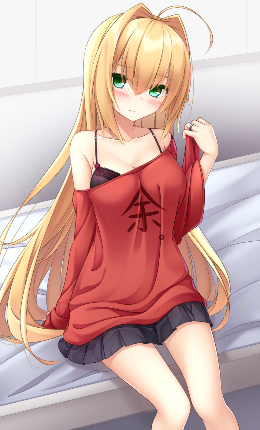 1girl ahoge alternate_hair_length alternate_hairstyle bangs bare_shoulders bed black_bra black_skirt blonde_hair blush bra breasts cleavage closed_mouth clothes_writing collarbone commentary_request eyebrows_visible_through_hair fate/extra fate_(series) green_eyes hair_between_eyes hair_intakes hand_in_hair head_tilt highres jewelry lace lace-trimmed_bra long_hair long_sleeves medium_breasts nero_claudius_(fate) nero_claudius_(fate)_(all) off-shoulder_shirt on_bed pleated_skirt red_shirt ring shirt sidelocks sitting sitting_on_bed skirt sleeves_past_wrists solo underwear very_long_hair wide_sleeves yoye_(pastel_white)