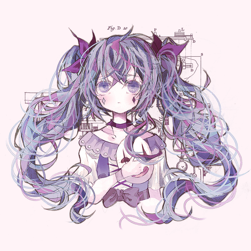 1girl belt blue_hair bow collar collarbone commentary diagram diamond_(shape) dress expressionless facial_mark hair_ribbon hatsune_miku highres holding holding_mask karakuri_pierrot_(vocaloid) long_hair looking_at_viewer mask mask_removed pocket_watch purple purple_collar purple_hair purple_ribbon ribbon twintails upper_body user_xkew2474 violet_eyes vocaloid watch