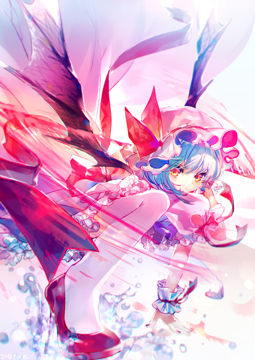1girl absurdres arm_support artist_name bangs bat_wings blue_hair blurry chromatic_aberration depth_of_field eyebrows_visible_through_hair frills hat hat_ribbon high_heels highres hinasumire holding holding_weapon looking_at_viewer mob_cap nail_polish perspective petticoat puffy_short_sleeves puffy_sleeves pumps red_eyes red_footwear red_nails red_ribbon remilia_scarlet ribbon serious short_hair short_sleeves skirt solo spear_the_gungnir thigh-highs touhou water weapon white_legwear wings wrist_cuffs