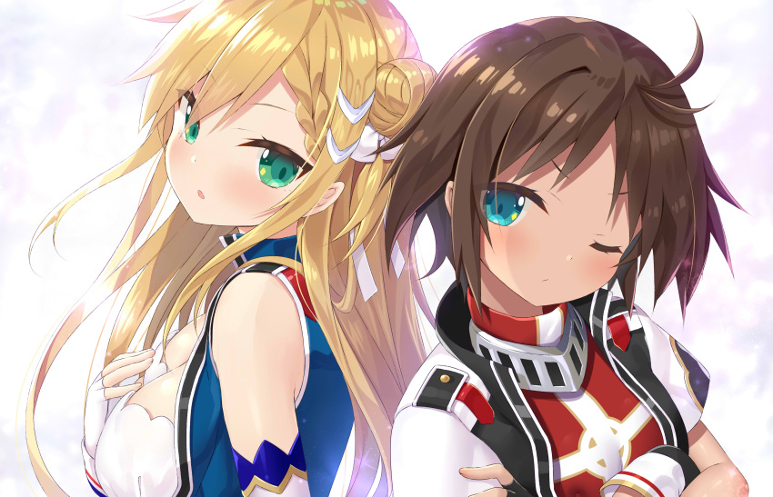 2girls ;) absurdres azur_lane bare_shoulders blonde_hair blue_eyes braid breasts brown_hair commentary crossed_arms fingerless_gloves forbin_(azur_lane) gloves green_eyes hair_bun hair_ornament highres le_mars_(azur_lane) long_hair looking_at_viewer medium_breasts multiple_girls official_art one_eye_closed short_hair short_sleeves sleeveless small_breasts smile uniform upper_body yano_mitsuki