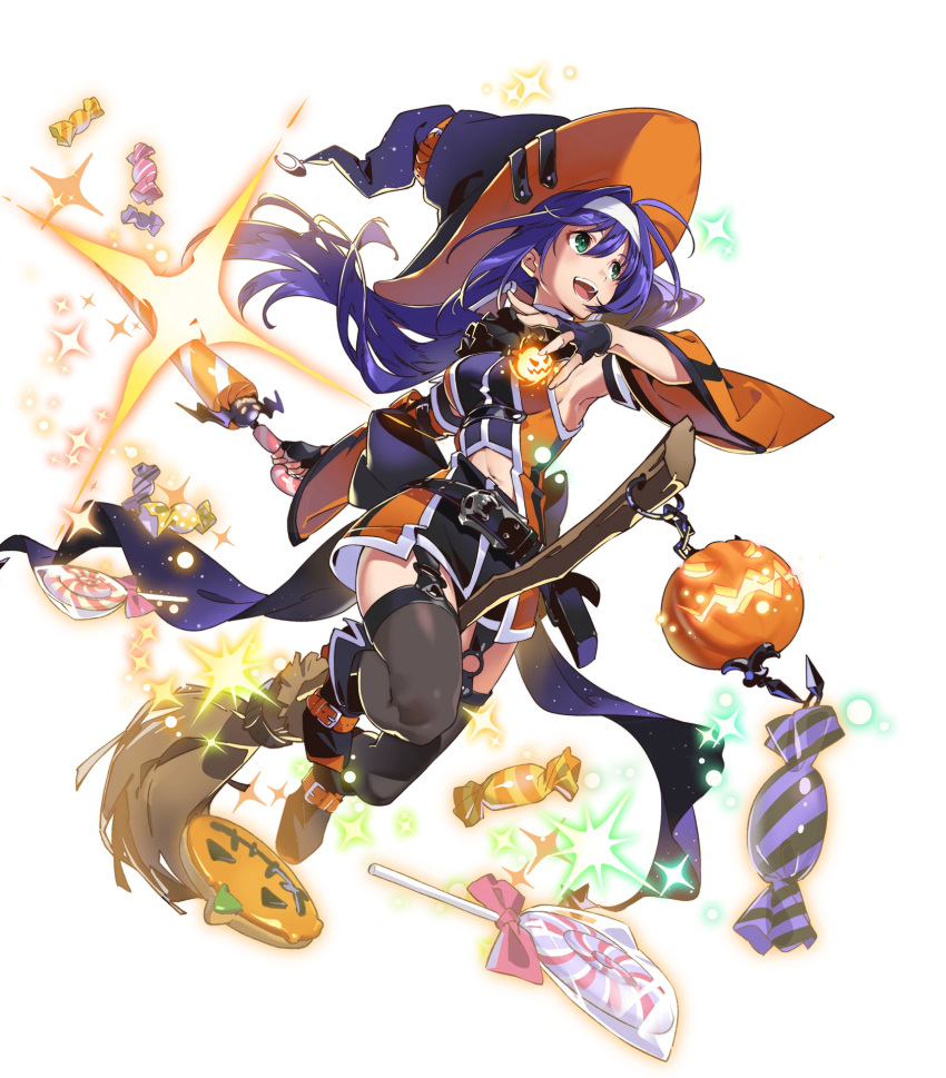 1girl ankle_boots armpits bangs belt black_gloves black_legwear blue_hair boots broom broom_riding candy chains dress eyebrows_visible_through_hair fingerless_gloves fingernails fire_emblem fire_emblem:_souen_no_kiseki fire_emblem_heroes food full_body garter_straps gloves green_eyes hairband hat highres holding lollipop long_hair looking_away navel_cutout nintendo official_art open_mouth smile solo sparkle transparent_background wayu_(fire_emblem)