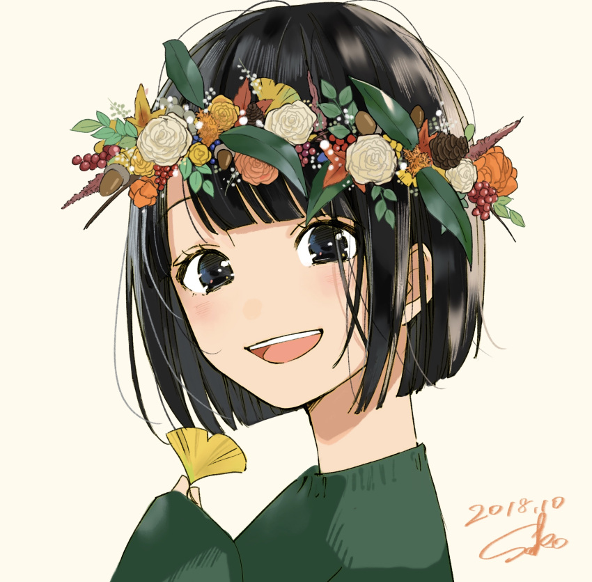 1girl 2018 :d absurdres acorn black_eyes black_hair bob_cut close-up dated eyelashes flower green_sweater happy head_wreath highres holding holding_flower leaf long_sleeves looking_at_viewer open_mouth orange_flower orange_rose original rose sako_(user_ndpz5754) short_hair signature simple_background smile solo sweater tagme teeth upper_body white_background white_flower white_rose yellow_flower