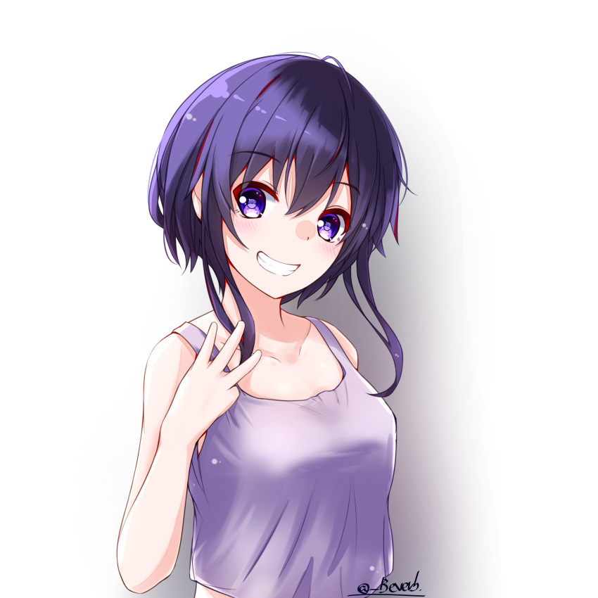 1girl absurdres bee_doushi breasts collarbone eyebrows_visible_through_hair grin hair_between_eyes highres hyoudou_michiru looking_at_viewer medium_breasts purple_hair purple_shirt saenai_heroine_no_sodatekata shiny shiny_hair shirt short_hair_with_long_locks sidelocks signature simple_background sleeveless sleeveless_shirt smile solo upper_body violet_eyes white_background