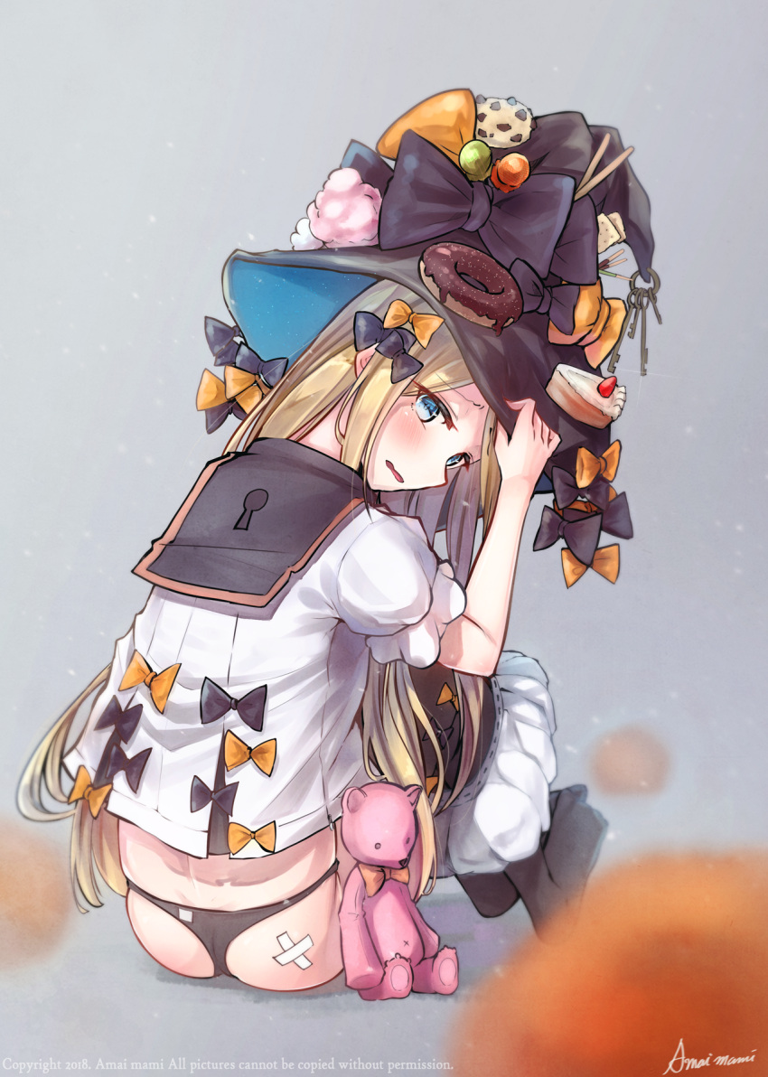 1girl 2018 abigail_williams_(fate/grand_order) amamami_prime arm_up ass bangs black_bow black_hat black_legwear black_panties black_sailor_collar blonde_hair blue_eyes blurry blurry_foreground blush bow cake candy commentary_request crossed_bandaids depth_of_field doughnut eyebrows_visible_through_hair fate/grand_order fate_(series) food hair_bow hand_on_headwear hat hat_bow head_tilt highres ice_cream key keyhole keyring leaning_forward lollipop long_hair looking_at_viewer looking_back no_shoes orange_bow panties parted_bangs parted_lips pocky puffy_short_sleeves puffy_sleeves sailor_collar school_uniform serafuku shirt short_sleeves signature sitting skirt skirt_pull slice_of_cake solo stuffed_animal stuffed_toy teddy_bear thigh-highs underwear very_long_hair watermark wavy_mouth white_shirt white_skirt witch_hat