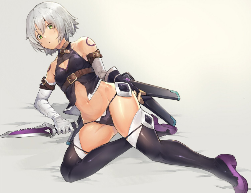 1girl arm_belt bandage bandaged_arm bandages bare_shoulders black_legwear black_panties breasts chest_belt commentary dagger facial_scar fate/apocrypha fate_(series) green_eyes holding holding_dagger holding_weapon jack_the_ripper_(fate/apocrypha) midriff navel panties purple_footwear scabbard scar scar_across_eye scar_on_cheek sheath short_hair silver_hair small_breasts solo sumisu_(mondo) thigh-highs underwear weapon