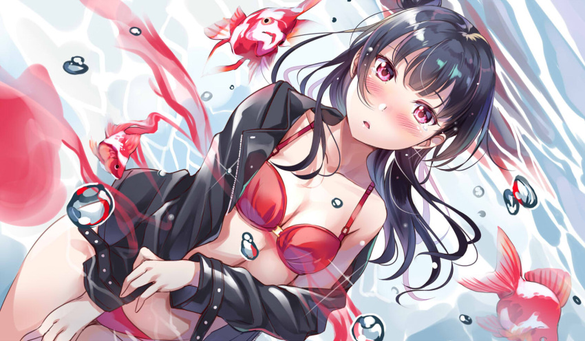 1girl bangs bikini black_hair black_jacket blush breasts bubble cleavage collarbone eyebrows_visible_through_hair fish highres jacket long_hair looking_at_viewer love_live! love_live!_sunshine!! off_shoulder open_clothes open_jacket open_mouth red_bikini red_eyes shirt side_bun skirt small_breasts solo swimsuit tears tipii tsushima_yoshiko water