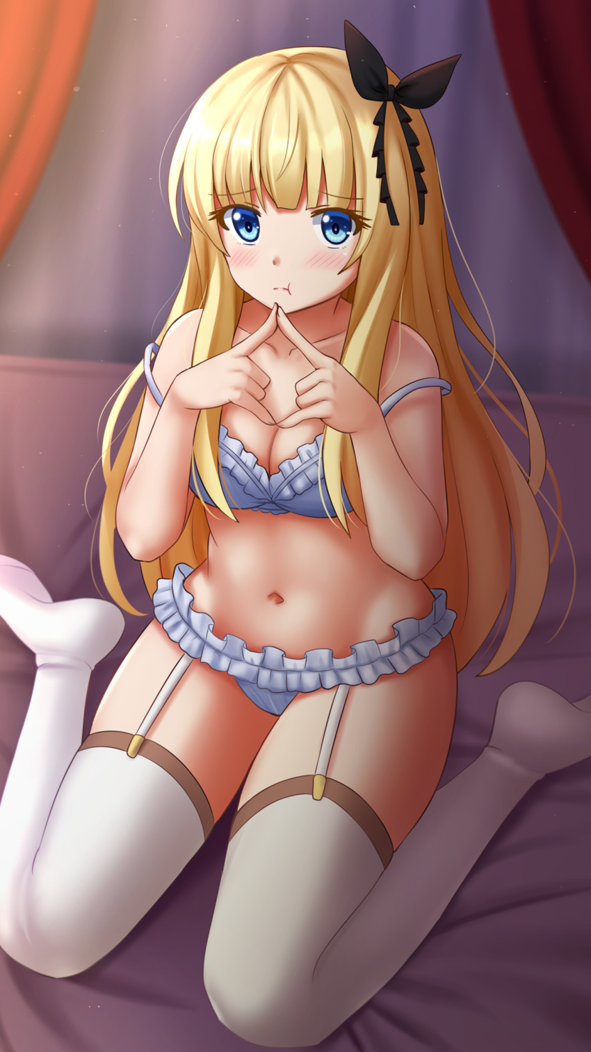 1girl :t bare_arms bare_shoulders bed_sheet black_ribbon blonde_hair blue_bra blue_eyes blue_panties blurry blurry_background blush bra breasts cleavage closed_mouth collarbone commentary curtains depth_of_field fingernails fingers_together frilled_bra frilled_panties frills garter_straps hair_ribbon highres juliet_persia kazenokaze kishuku_gakkou_no_juliet long_hair navel no_shoes panties pout ribbon sitting small_breasts solo thigh-highs underwear underwear_only very_long_hair wariza white_legwear