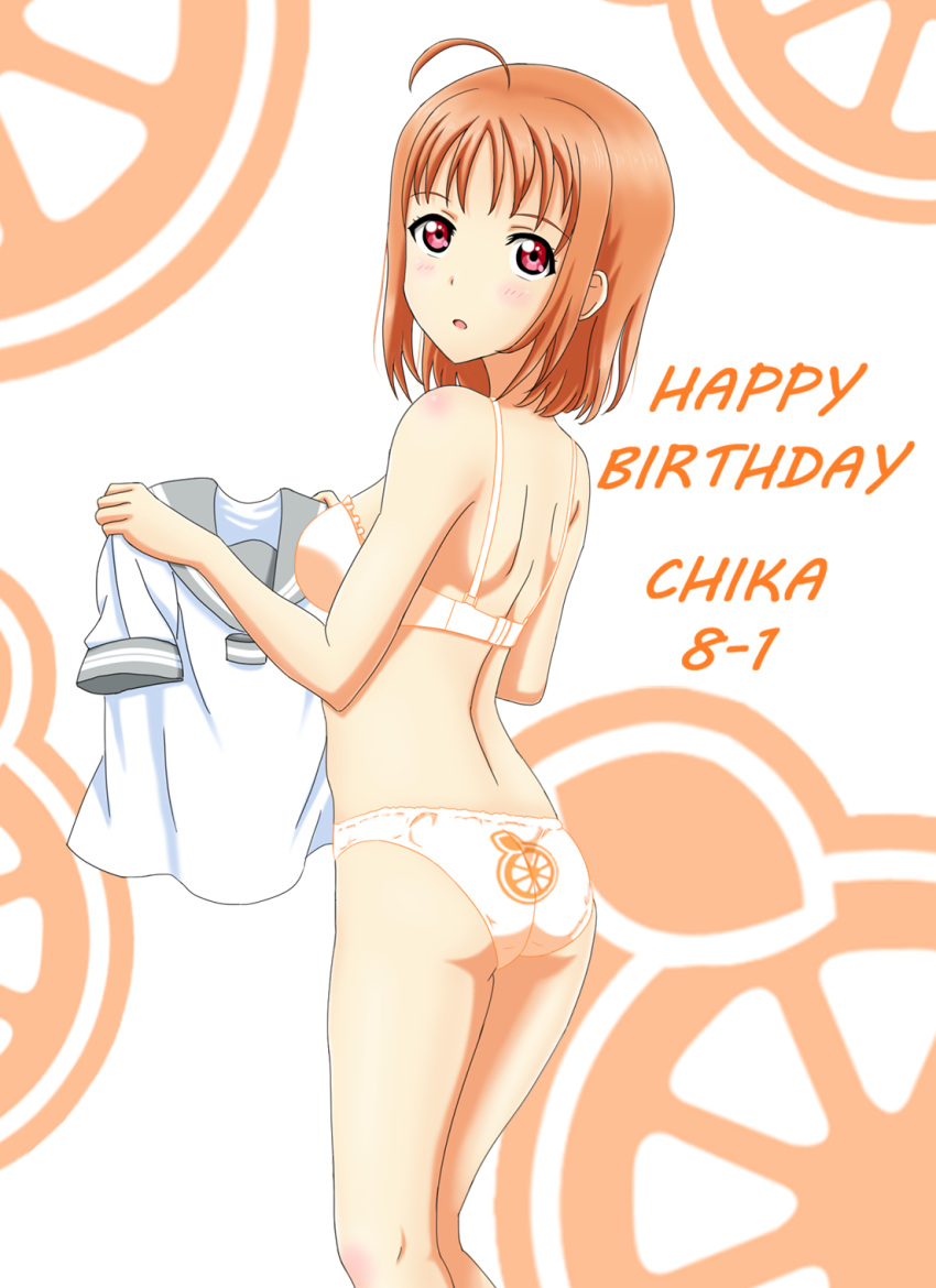 1girl ahoge arjend back-print_panties backlighting bra breasts character_name commentary crotch_seam dated english frilled_bra frills from_behind gluteal_fold happy_birthday highres holding_clothes light_blush looking_at_viewer looking_back love_live! love_live!_sunshine!! orange_bra orange_hair orange_panties orange_print panties parted_lips print_panties red_eyes school_uniform serafuku shirt short_hair short_sleeves small_breasts solo standing takami_chika thighs underwear underwear_only uranohoshi_school_uniform white_shirt