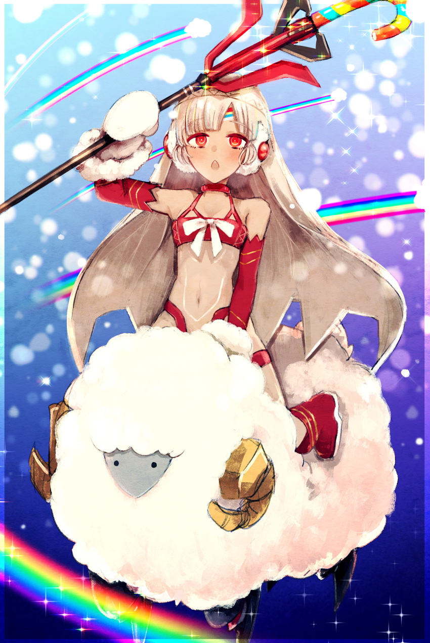 1girl absurdres altera_(fate) altera_the_santa bangs bare_shoulders blunt_bangs blush breasts bubble choker cleavage collarbone dark_skin detached_sleeves earmuffs fate/grand_order fate_(series) full_body_tattoo gloves headdress highres holding holding_weapon midriff mittens navel open_mouth photon_ray ponita rainbow red_eyes red_footwear revealing_clothes riding sheep short_hair small_breasts solo stomach tan tattoo veil weapon white_gloves white_hair