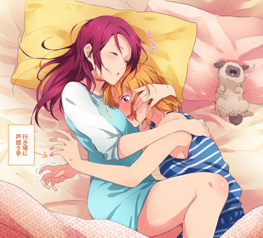 2girls :o ahoge anus bed_sheet blue_dress blue_shirt blush closed_eyes dog dress highres hug kougi_hiroshi long_hair love_live! love_live!_sunshine!! lying multiple_girls on_side open_mouth orange_hair pillow raglan_sleeves redhead sakurauchi_riko shirt short_hair sleeping striped striped_shirt sweatdrop takami_chika translated trembling yuri zzz