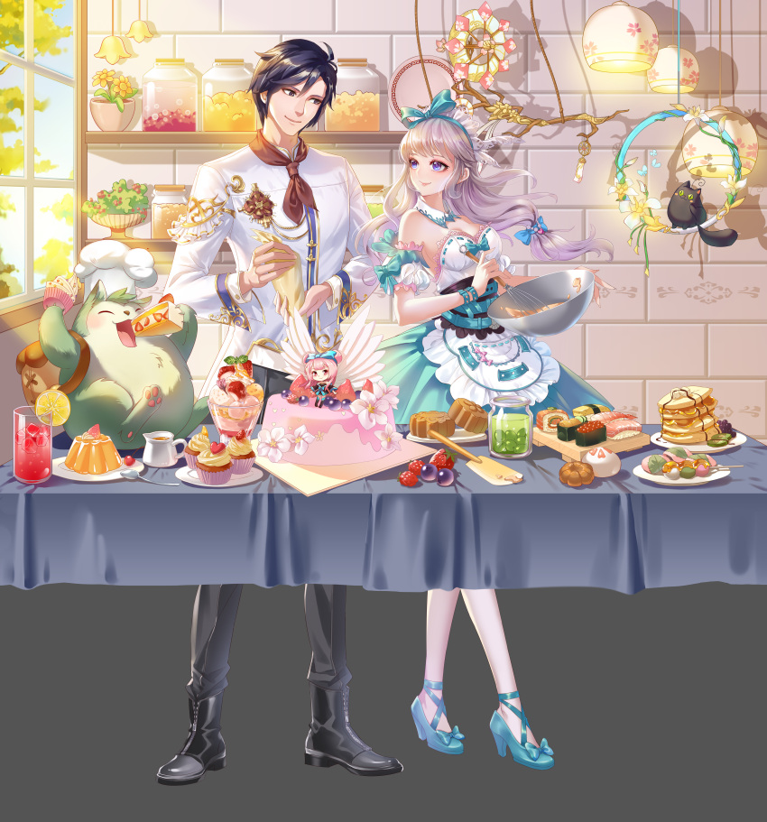 1boy 1girl absurdres apron backpack bad_anatomy bag black_eyes black_footwear black_hair black_pants blue_dress blue_eyes blue_footwear blue_sky breasts butter cake cat chef_hat cupcake dango day detached_collar dress drink eye_contact flower food fruit gelatin guozi_li hat highres ice ice_cube indoors jar looking_at_another medium_breasts mixing_bowl original pancake pants parfait plant plate potted_plant shadow silver_hair sky slice_of_cake smile spatula spoon stack_of_pancakes standing strawberry sushi table tablecloth wagashi wall whisk white_legwear window wristband