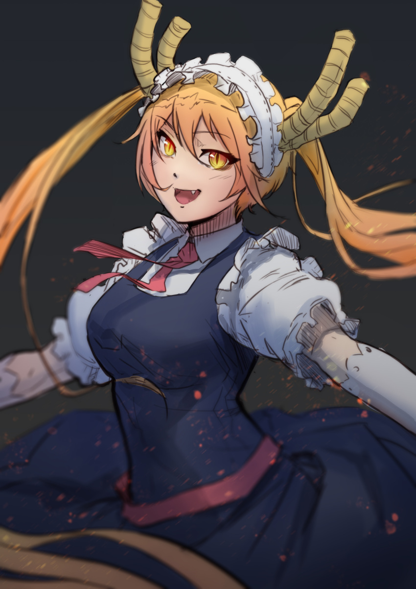 1girl :d absurdres black_background black_dress blonde_hair dress elbow_gloves fang floating_hair gloves highres horns josh_corpuz kobayashi-san_chi_no_maidragon long_hair looking_at_viewer maid maid_headdress open_mouth outstretched_arms pinafore_dress red_neckwear shirt short_sleeves sleeveless sleeveless_dress slit_pupils smile solo spinning standing tooru_(maidragon) twintails very_long_hair white_gloves white_shirt yellow_eyes