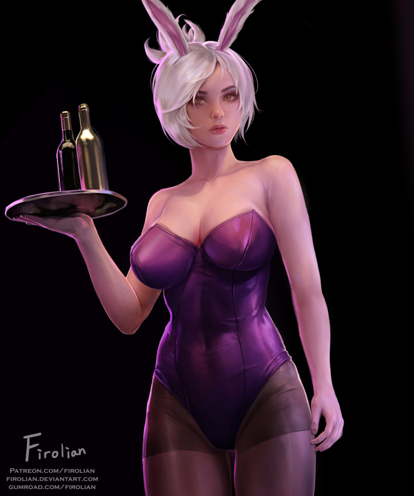 1girl animal_ears bare_shoulders battle_bunny_riven black_background black_legwear bottle breasts brown_eyes bunnysuit cleavage closed_mouth firolian highres large_breasts league_of_legends leotard lips looking_at_viewer pantyhose patreon_username rabbit_ears riven_(league_of_legends) short_hair silver_hair solo strapless strapless_leotard tray watermark web_address