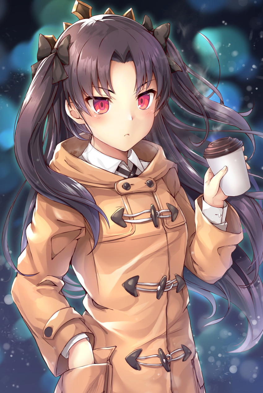 &gt;:( 1girl bangs black_bow blurry blurry_background blush bow brown_coat brown_hair closed_mouth coat collared_shirt commentary_request contemporary cup depth_of_field disposable_cup eyebrows_visible_through_hair fate/grand_order fate_(series) forehead hair_bow hand_in_pocket hand_up highres holding holding_cup ishtar_(fate/grand_order) light_frown long_hair long_sleeves parted_bangs red_eyes samoore shirt solo tiara tohsaka_rin two_side_up v-shaped_eyebrows very_long_hair white_shirt