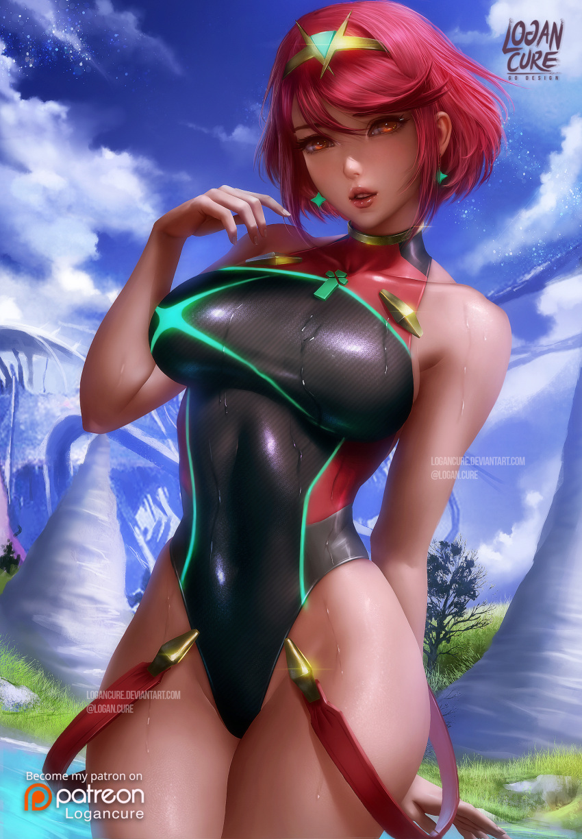 1girl bangs black_swimsuit breasts competition_swimsuit covered_navel earrings highres pyra_(xenoblade) jewelry large_breasts leotard logan_cure looking_at_viewer nintendo one-piece_swimsuit red_eyes redhead short_hair smile solo summer swept_bangs swimsuit tiara water wet wet_clothes xenoblade_(series) xenoblade_2
