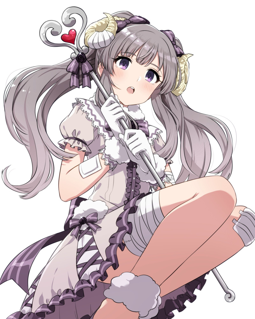 1girl bandage bandaid commentary_request dress eyebrows_visible_through_hair gloves grey_hair highres idolmaster idolmaster_shiny_colors long_hair looking_at_viewer nagami_tami open_mouth solo staff twintails violet_eyes white_background white_dress white_gloves yuukoku_kiriko