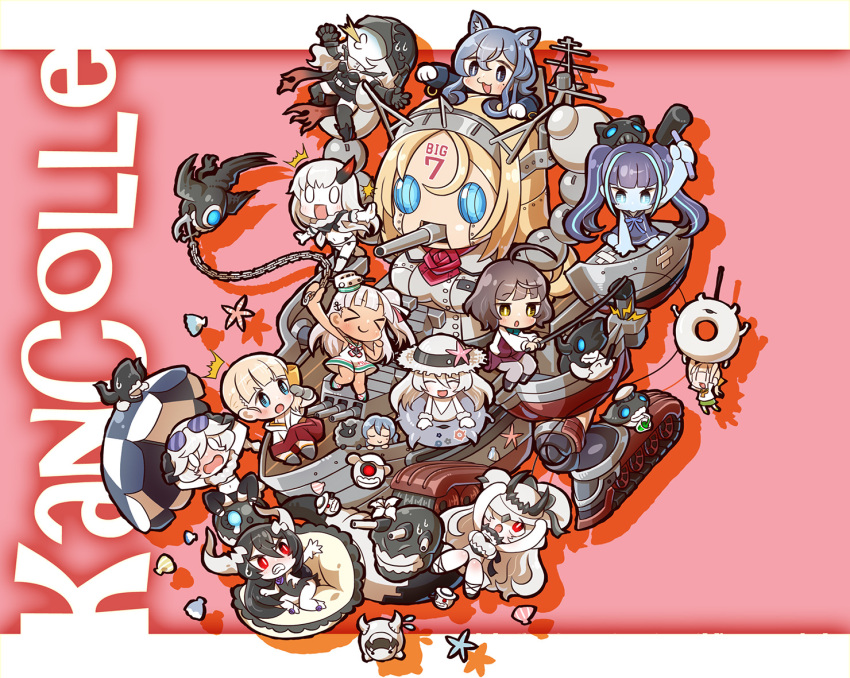&gt;_&lt; 6+girls :3 :d ^_^ ^o^ abyssal_patrolling_attack_hawk ahoge anchorage_water_oni animal_ears black_dress black_hair black_sailor_collar blonde_hair blue_eyes blue_hair braid brown_hair cat_ears chaki_(teasets) closed_eyes closed_eyes dock_hime dress enemy_lifebuoy_(kantai_collection) european_water_hime eyebrows_visible_through_hair eyewear_on_head fairy_(kantai_collection) french_battleship_hime gauntlets german_escort_hime gloves gotland_(kantai_collection) grey_legwear hair_between_eyes hakama hammer hat holding holding_hammer horn innertube japanese_clothes kantai_collection kishinami_(kantai_collection) long_hair long_sleeves machinery maestrale_(kantai_collection) mole mole_under_eye multiple_girls nelson_(kantai_collection) o_o open_mouth outstretched_arms pantyhose parasol partly_fingerless_gloves pt_imp_group purple_dress red_eyes red_hakama sailor_collar sailor_dress shin'you_(kantai_collection) shinkaisei-kan shirt short_hair single_braid sleeveless sleeveless_dress smile spread_arms submarine_new_hime sun_hat sunglasses supply_depot_hime turret twintails umbrella v-shaped_eyebrows white_dress white_hair white_hat white_sailor_collar white_shirt white_skin yellow_eyes yugake