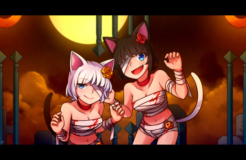 2girls :d animal_ears bandage bandaged_arm bandaged_head bandages bare_shoulders black_hair blood blood_stain blue_eyes breasts cat_ears cat_tail chocolate_(rabi_ribi) choker claw_pose cleavage clouds collarbone commentary english_commentary eyebrows_visible_through_hair eyes_visible_through_hair fang flower full_moon hair_flower hair_ornament halloween halloween_costume hands_up highres letterboxed looking_at_viewer medium_breasts midriff moon multiple_girls mummy_costume navel one_eye_covered open_mouth pumpkin rabi-ribi red_choker short_hair smile speckticuls tail vanilla_(rabi_ribi) white_hair