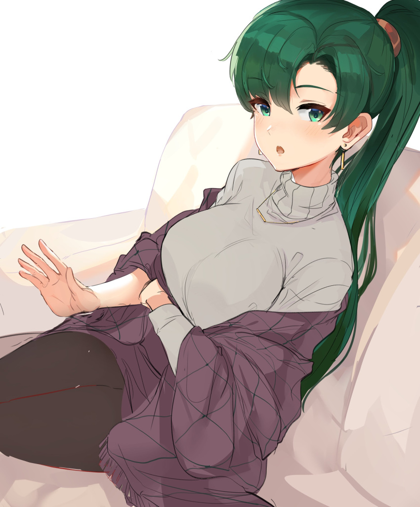 1girl absurdres bangs blush breasts commentary_request couch earrings eyebrows_visible_through_hair fire_emblem fire_emblem:_rekka_no_ken green_hair highres jewelry long_hair long_sleeves looking_at_viewer lyndis_(fire_emblem) medium_breasts necklace nintendo open_mouth ormille ponytail simple_background sitting skirt solo sweater
