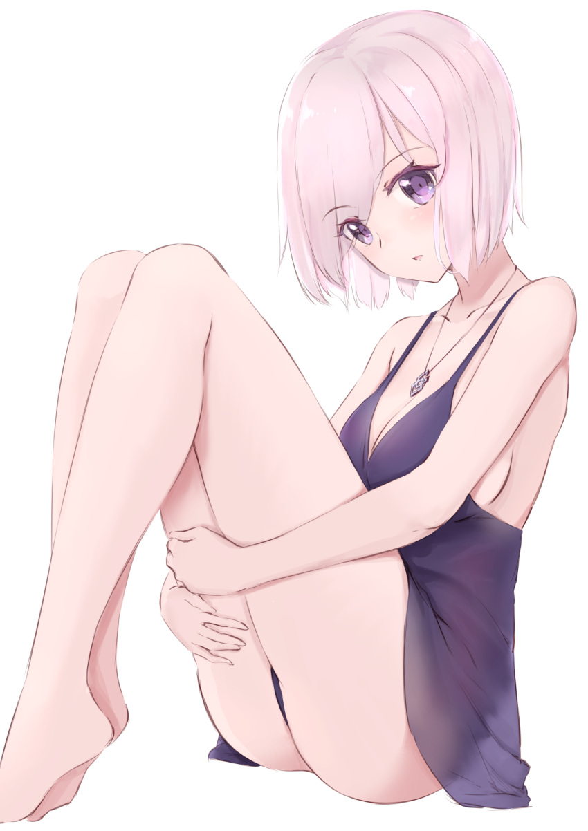 1girl bangs bare_arms bare_legs bare_shoulders barefoot blush breasts commentary_request dress eyebrows_visible_through_hair eyes_visible_through_hair fate/grand_order fate_(series) hair_over_one_eye head_tilt highres jewelry jilu lavender_hair leg_hug looking_at_viewer mash_kyrielight medium_breasts panties parted_lips pendant purple_dress purple_panties short_hair sideboob simple_background sitting sleeveless sleeveless_dress solo underwear violet_eyes white_background