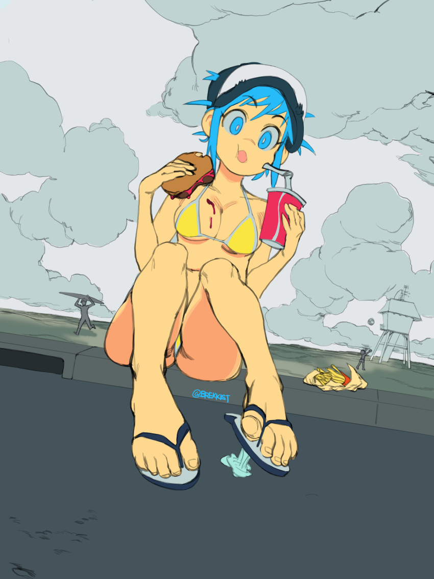 1girl absurdres beach bikini blue_eyes blue_hair brekkist clouds cloudy_sky cup drink drinking_straw easy-chan_(brekkist) eating eyebrows_visible_through_hair feet flip-flops food food_on_body food_on_breasts french_fries full_body gum_on_shoe hamburger hat highres holding holding_cup holding_food original outdoors sandals sidewalk sitting sky solo swimsuit twitter_username yellow_bikini