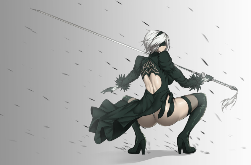 1girl android ass back_cutout black_blindfold black_dress black_hairband blindfold boots covered_eyes dress feather-trimmed_sleeves from_behind gloves grey_background hairband high_heel_boots high_heels highleg highleg_leotard juliet_sleeves katana leather leather_boots leotard long_sleeves nier_(series) nier_automata puffy_sleeves silver_hair sitting squatting sword thigh-highs thigh_boots thighhighs_under_boots vambraces vanzan weapon white_leotard yorha_no._2_type_b