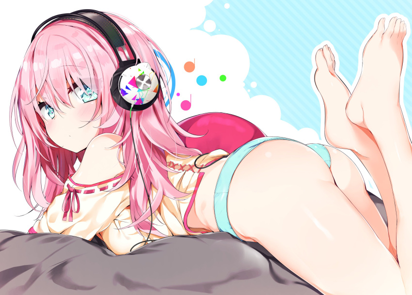 1girl ass bangs bare_legs bare_shoulders barefoot blue_eyes blue_panties blush closed_mouth commentary_request diagonal_stripes eyebrows_visible_through_hair hair_between_eyes headphones highres kamioka_shun'ya legs_up long_hair looking_at_viewer looking_back lying no_pants on_stomach original panties pink_hair ribbon-trimmed_sleeves ribbon_trim shirt short_sleeves shoulder_cutout solo striped toenails underwear yellow_shirt