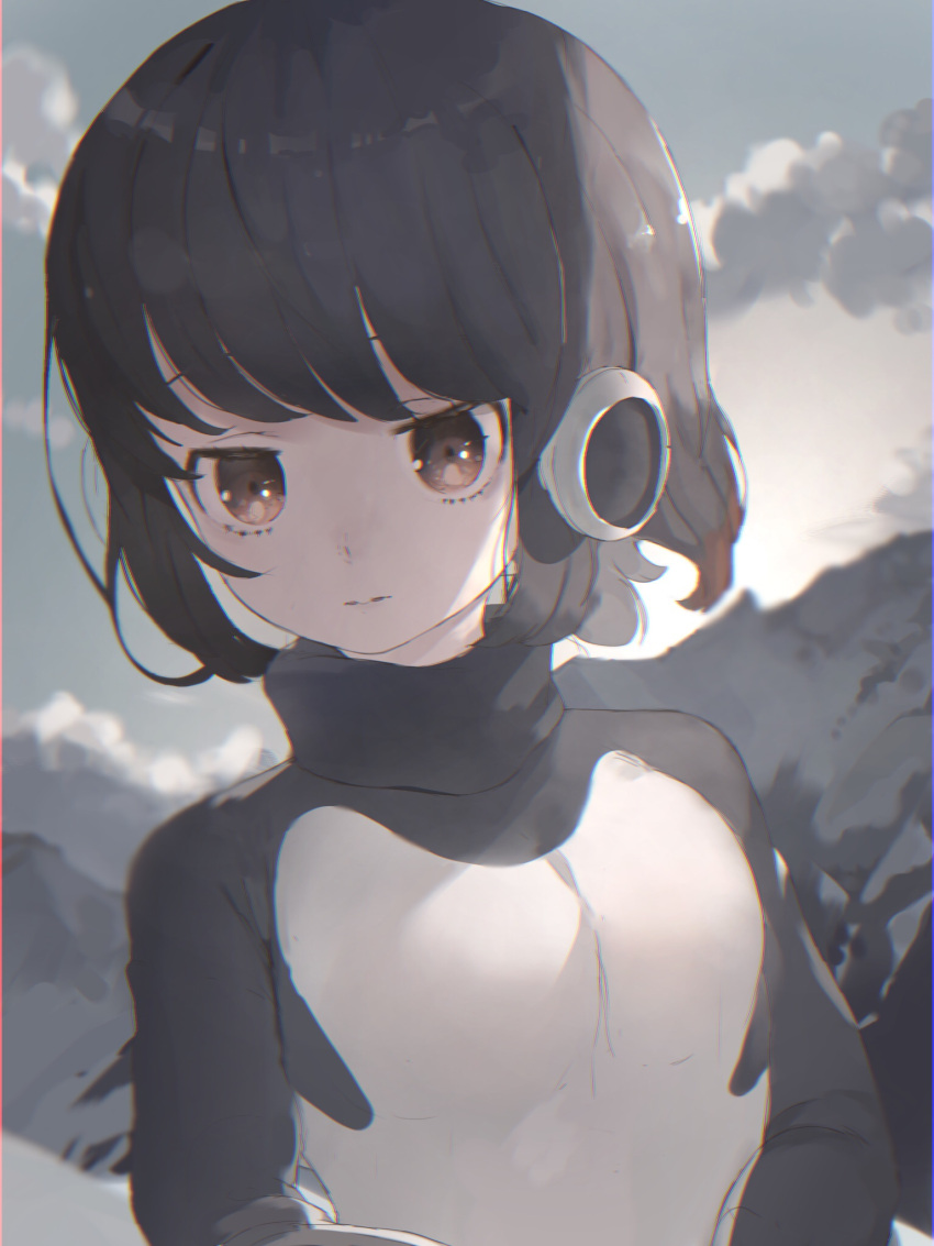 1girl adelie_penguin_(kemono_friends) bangs black_hair blurry brown_eyes brown_hair clouds cloudy_sky commentary depth_of_field expressionless headphones highres kemono_friends looking_at_viewer mochorinpun mountain multicolored_hair sky solo turtleneck two-tone_hair upper_body