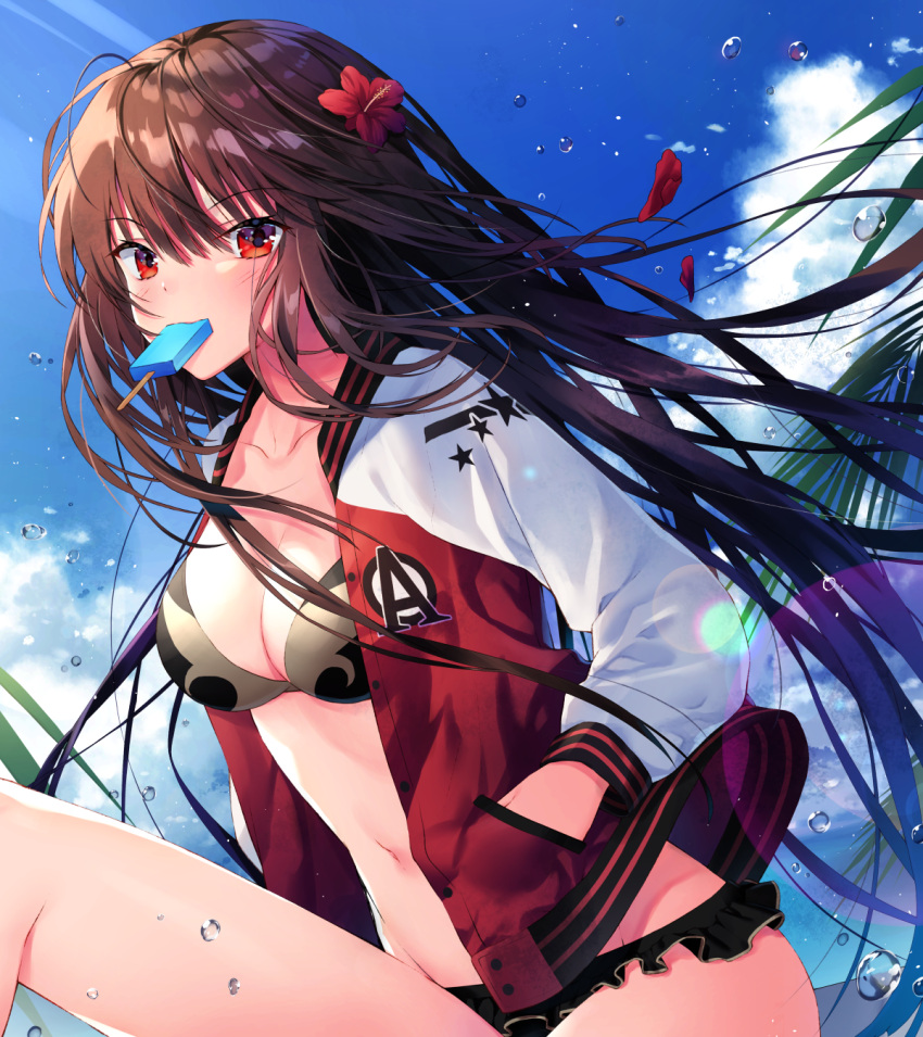 1girl bangs bikini black_bikini blue_sky blush breasts brown_hair cleavage clouds collarbone commentary_request day eyebrows_visible_through_hair fate/grand_order fate_(series) flower food food_in_mouth hair_between_eyes hair_flower hair_ornament hand_in_pocket hands_in_pockets highres jacket kuro_futoshi letterman_jacket long_hair long_sleeves looking_at_viewer medium_breasts mouth_hold navel ocean oda_nobunaga_(fate) oda_nobunaga_(swimsuit_berserker)_(fate) open_clothes open_jacket outdoors petals popsicle red_eyes red_flower red_jacket sky solo swimsuit very_long_hair water water_drop
