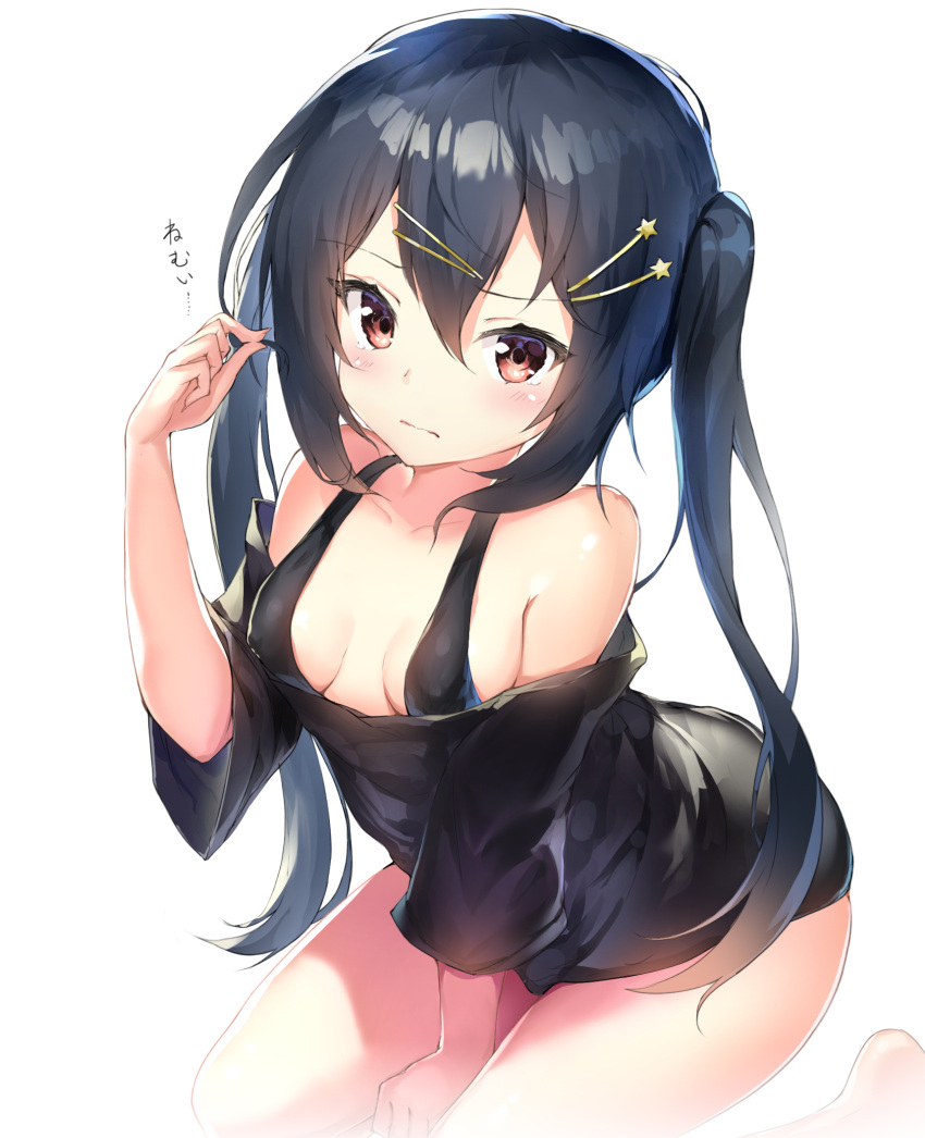 1girl arms_between_legs barefoot black_hair blush breasts brown_eyes erect_nipples hair_between_eyes hair_ornament hairclip highres long_hair looking_at_viewer loose_clothes loose_shirt original rekareka shirt simple_background small_breasts solo twintails very_long_hair white_background